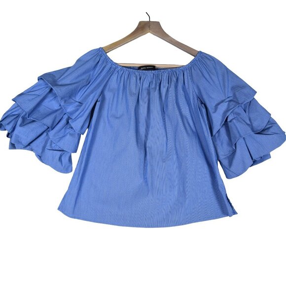 Zara Woman XS Blue Off Shoulder Ruffle Sleeve Blouse Romantic Resortwear - Picture 3 of 7